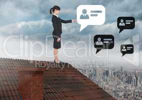 Chat profile bubbles and Businesswoman standing on Roof with chimney and cloudy city