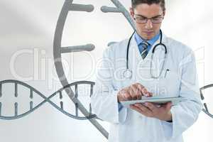 Doctor man using a tablet with 3D DNA strands