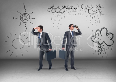 Rain clouds or sun with Businessman looking in opposite directions