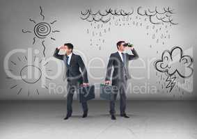 Rain clouds or sun with Businessman looking in opposite directions