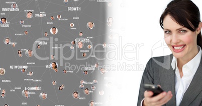 Woman holding phone with Profile portraits of people contacts