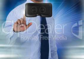 Man touching and interacting with virtual reality headset with transition effect