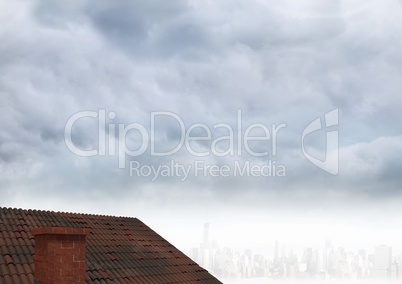 Roof with chimney and cloudy city