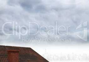 Roof with chimney and cloudy city