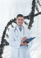 Happy doctor man standing with 3D DNA strand