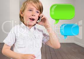 Boy on phone with two shiny chat bubbles