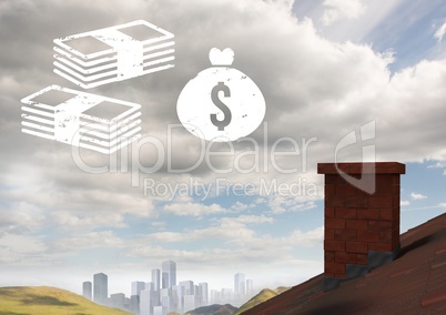 Money icons over roof and city