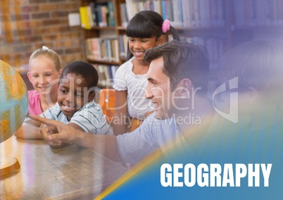Geography text and Elementary school teacher with class