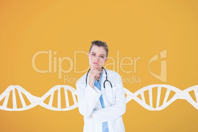 Doctor woman thinking  with DNA strand against yellow background
