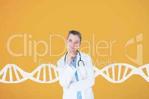 Doctor woman thinking  with DNA strand against yellow background