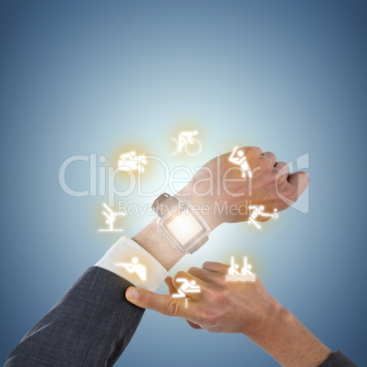 Composite image of cropped hand of businessman wearing smart watch