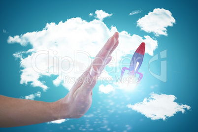 Composite image of hand of man pretending to touch invisible screen