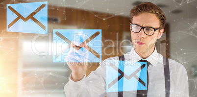 Composite image of geeky businessman writing with marker