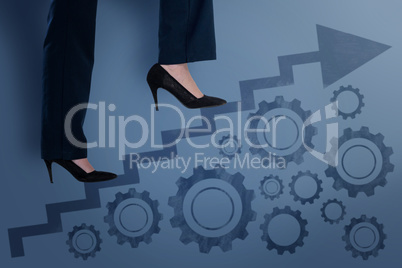 Composite image of conceptual image of businesswoman in heels climbing steps