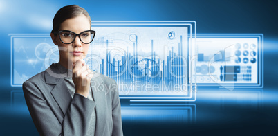 Composite image of portrait of confident businesswoman wearing eyeglasses