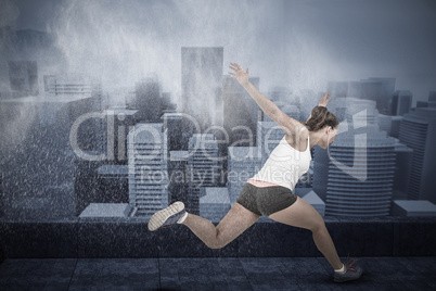 Composite image of athletic woman running on white background