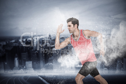 Composite image of athlete man running on white background