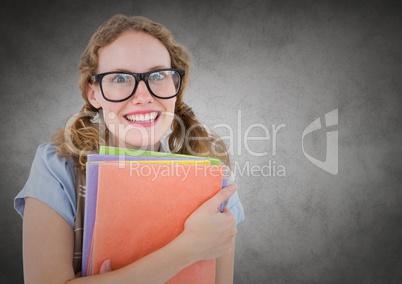 Nerd woman with books against grey background with grunge overlay