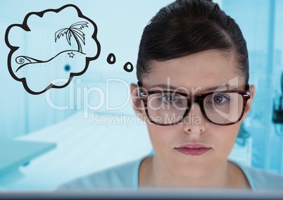 Woman looking over computer and dreaming of holiday against blurry blue room