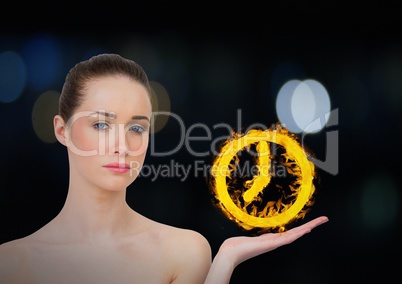 woman with hand up with clock fire icon over. Dark bokeh background.