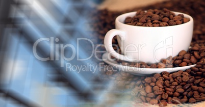 White coffee cup full of beans blurry window transition