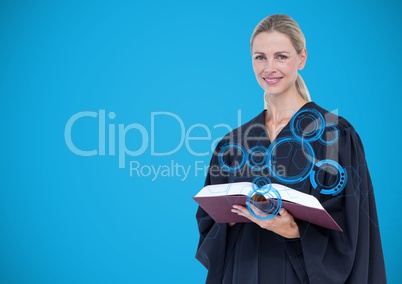 Female judge with blue interface and book against blue background