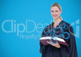 Female judge with blue interface and book against blue background