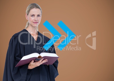 Female judge against brown background with blue arrow