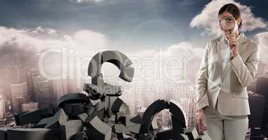 Broken concrete stone with pound symbol and businesswoman with magnifying glass in cityscape