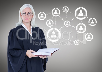 Female judge with open book against grey background with white network