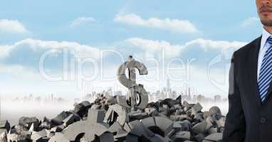 Broken concrete stone with money dollar symbol and businessman in cityscape