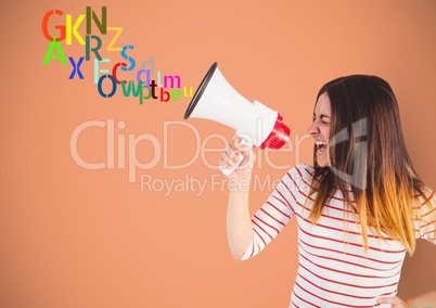 woman shouting by the  megaphone with colour letters coming up from that