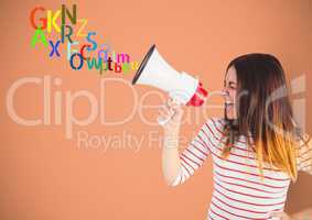 woman shouting by the  megaphone with colour letters coming up from that