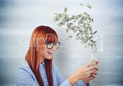texting money. Hipster young woman with phone. Money coming up from phone