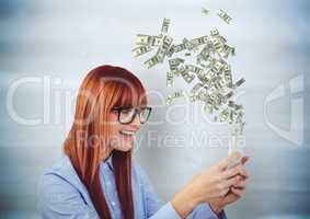 texting money. Hipster young woman with phone. Money coming up from phone