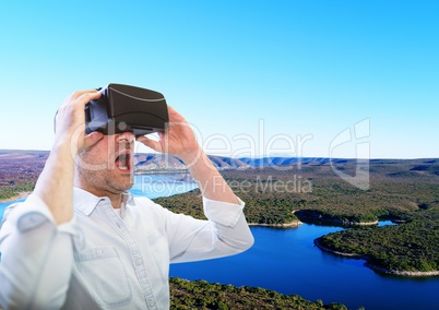 man with VR glasses in front of a Paradise place