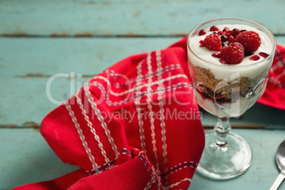 Cup of yogurt with raspberry and pomegranate