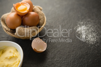 Close up of butter and eggs in bowls