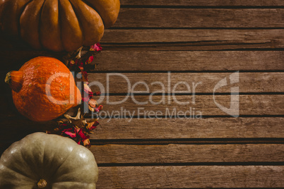 Overhead view of pumpkins with dried petals on table