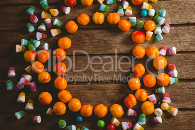 Overhead view of various sweet food arranged on table