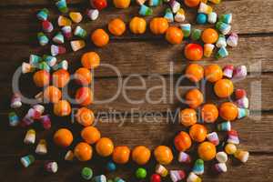 Overhead view of various sweet food arranged on table