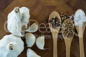 Garlic bulbs and spices on wooden board