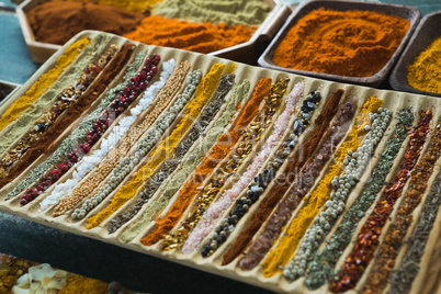 Various spices arranged in tray