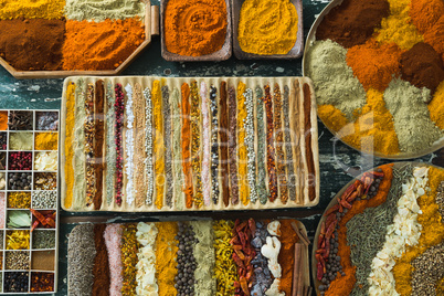 Various spices arranged in tray