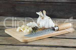 Garlics, rosemary and knife on chopping board