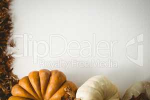 Pumpkins and autumn leaves over white background