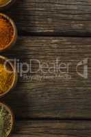 Various spice powder on wooden table