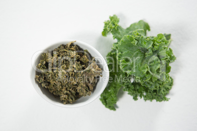 High angle view of kale and bowl