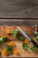 Overhead view of kale and tomato slices on cutting board