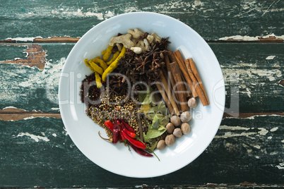 Various spices arranged in plate